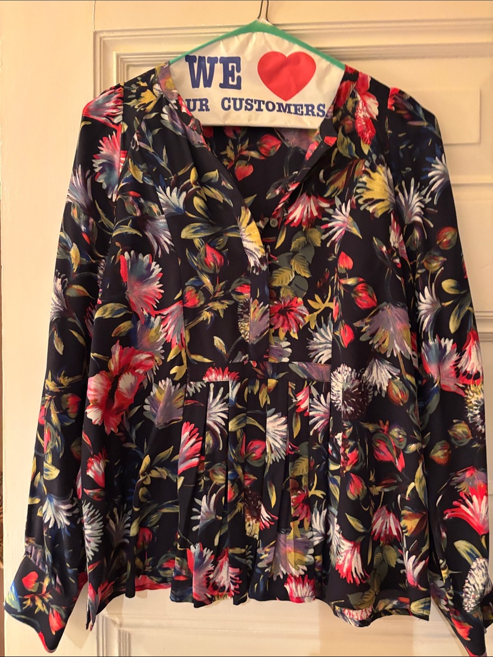 J. Crew Black Floral V-Neck Long Sleeve Blouse